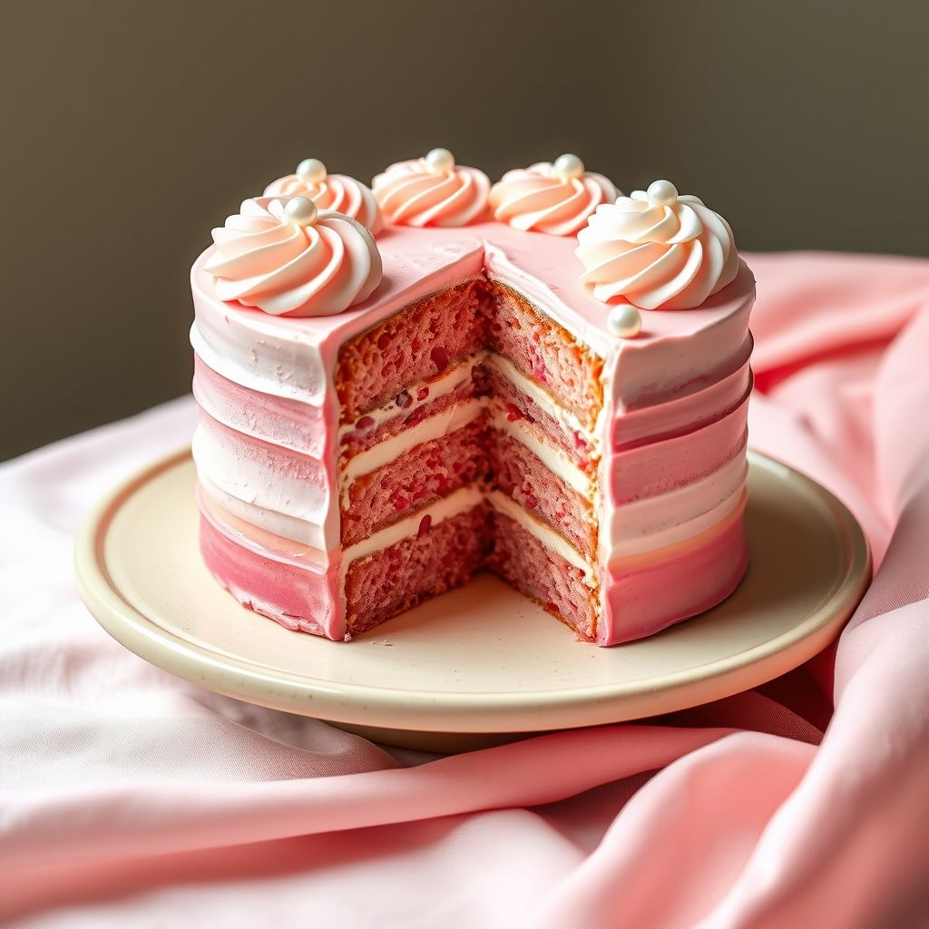 Des couches luxuriantes d'un gâteau ombré rose invitent par leur texture douce et veloutée, affichant trois nuances distinctes mais harmonieuses de rose, accompagnées de volutes de glaçage plus clair et plus foncé. Une tranche parfaite a été retirée, révélant des couches d gâteau à la fraise entrelacées de crème blanche onctueuse qui contraste élégamment avec les couleurs vives du gâteau. Le glaçage décoratif sur le dessus présente des rosettes complexes et des accents perlés, apportant une touche artistique à la présentation globale. Posé sur une assiette beige douce, le gâteau est accompagné d'un tissu pastel rose clair, créant une ambiance chaleureuse et invitante qui suggère une occasion festive. L'image irradie une sensation douce et joyeuse, idéale pour une réunion spéciale ou une délicieuse pause gourmande.
