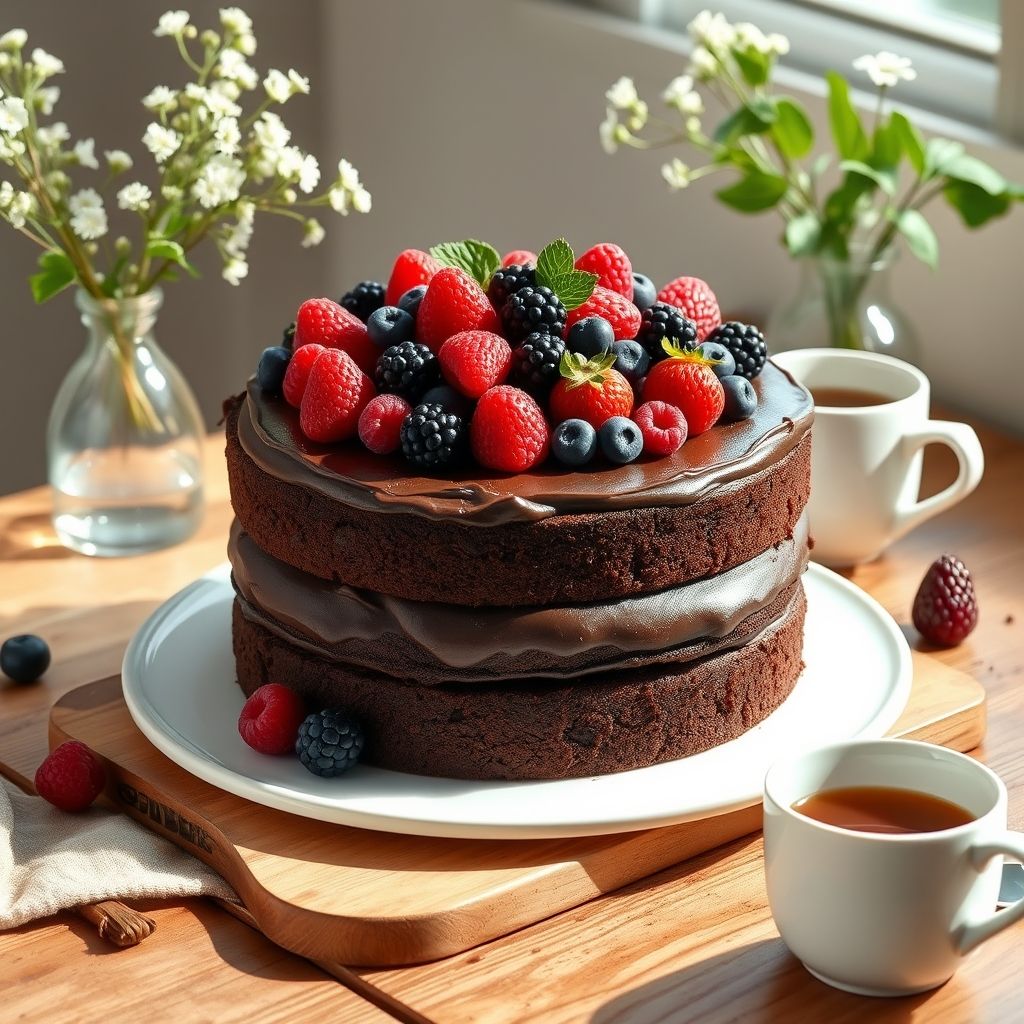 Un délicieux gâteau au chocolat à trois couches trône au centre, décoré d'un assortiment vibrant de baies fraîches, incluant fraises, framboises, myrtilles et mures, nichées sur un glaçage au chocolat onctueux. Le gâteau repose sur une assiette blanche simple, posée sur une table en bois rustique qui apporte de la chaleur à la scène. Proche, un vase en verre transparent est rempli de délicates fleurs blanches et de feuilles vertes, renforçant la fraîcheur et l'ambiance printanière. Une tasse blanche, probablement remplie d'une boisson chaude, ajoute une touche conviviale, tandis qu'une lumière naturelle douce baigne la scène, évoquant une ambiance de célébration et de plaisir.