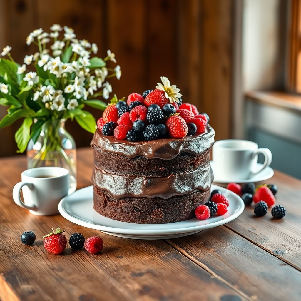 Un délicieux gâteau au chocolat à trois couches trône au centre, décoré d'un assortiment vibrant de baies fraîches, incluant fraises, framboises, myrtilles et mures, nichées sur un glaçage au chocolat onctueux. Le gâteau repose sur une assiette blanche simple, posée sur une table en bois rustique qui apporte de la chaleur à la scène. Proche, un vase en verre transparent est rempli de délicates fleurs blanches et de feuilles vertes, renforçant la fraîcheur et l'ambiance printanière. Une tasse blanche, probablement remplie d'une boisson chaude, ajoute une touche conviviale, tandis qu'une lumière naturelle douce baigne la scène, évoquant une ambiance de célébration et de plaisir.