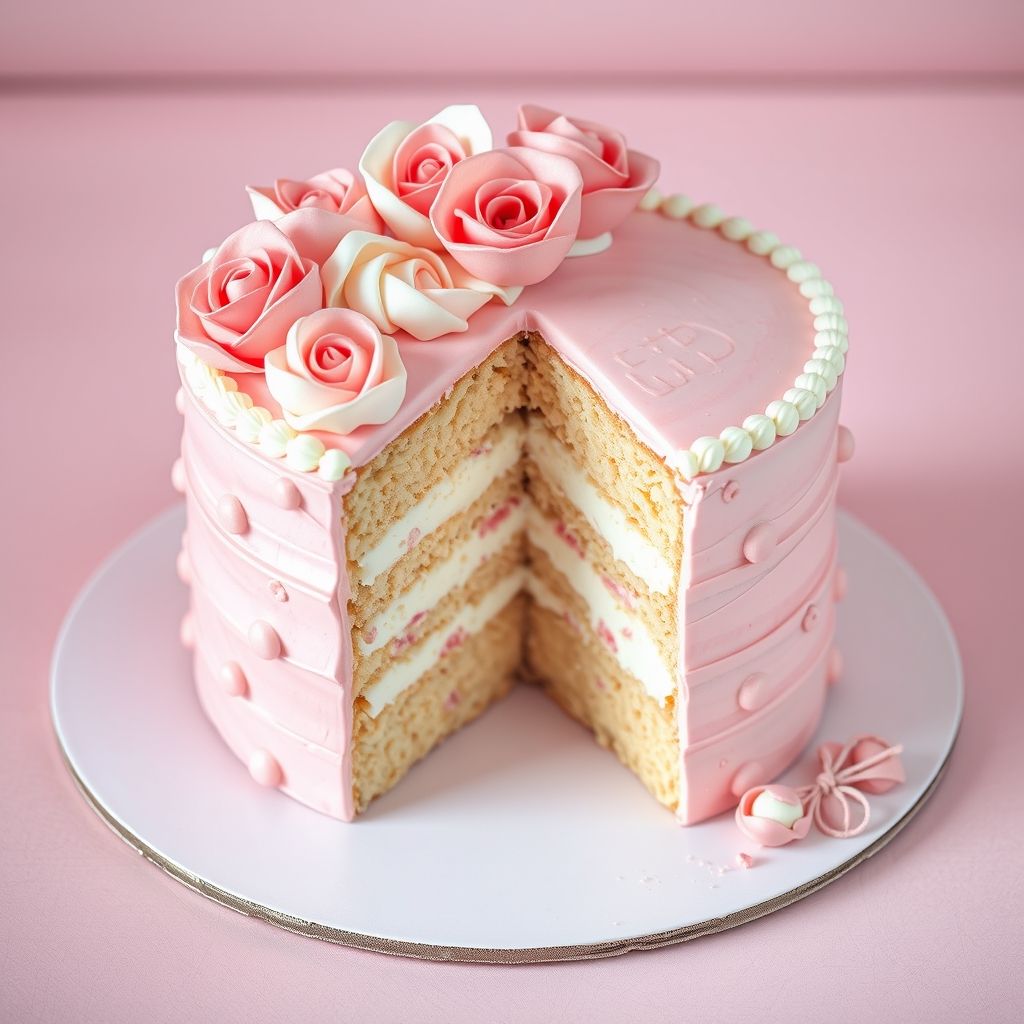 Un gâteau magnifiquement étagé attire par ses nuances douces de rose et ses détails de glaçage sophistiqués, révélant un intérieur savoureux mariant rose et blanc. Le gâteau présente plusieurs couches de biscuit séparées par une crème onctueuse, orné de décors minutieux comme des volutes et des roses en glaçage. Posé sur un fond neutre, il est présenté sur une assiette ronde accompagnée d'un tissu rose pastel, ajoutant une touche de chaleur. L'aspect invitant suggère une atmosphère festive, idéale pour une occasion spéciale, évoquant douceur et délice.