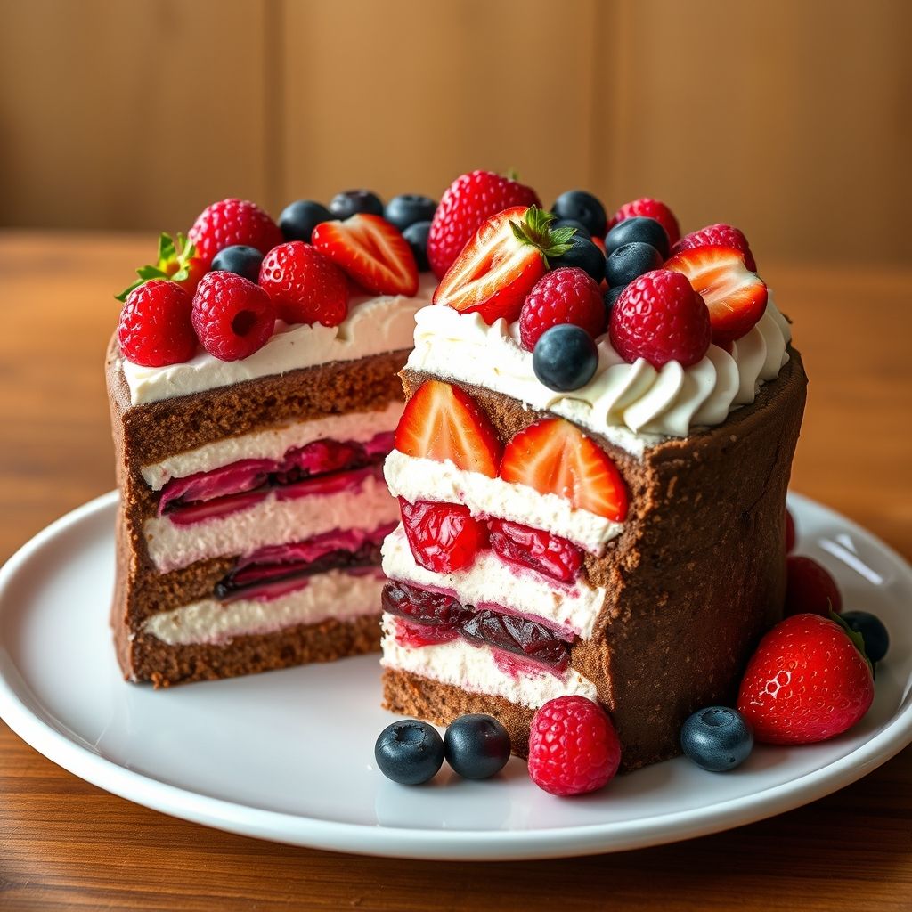 Des couches de délices crémeux forment un gâteau magnifiquement réalisé, montrant un chocolat riche, une douce baie rose et une légère crème fouettée, le tout couronné d'une garniture de fraises, framboises et myrtilles fraîches. Une tranche généreuse a été coupée, révélant des strates colorées qui invitent à découvrir un jeu tentant de textures et de saveurs. Le gâteau repose sur une assiette blanche simple, créant un contraste fort avec la surface en bois chaud en arrière-plan, suggérant un cadre convivial et invitant. Une lumière naturelle douce souligne les couleurs vibrantes et les finitions brillantes du fruit et de la crème, suggérant un délice parfait pour les célébrations. L'ambiance générale est celle de la gourmandise et de la douceur, invitant chacun à savourer une part de ce dessert exquis.