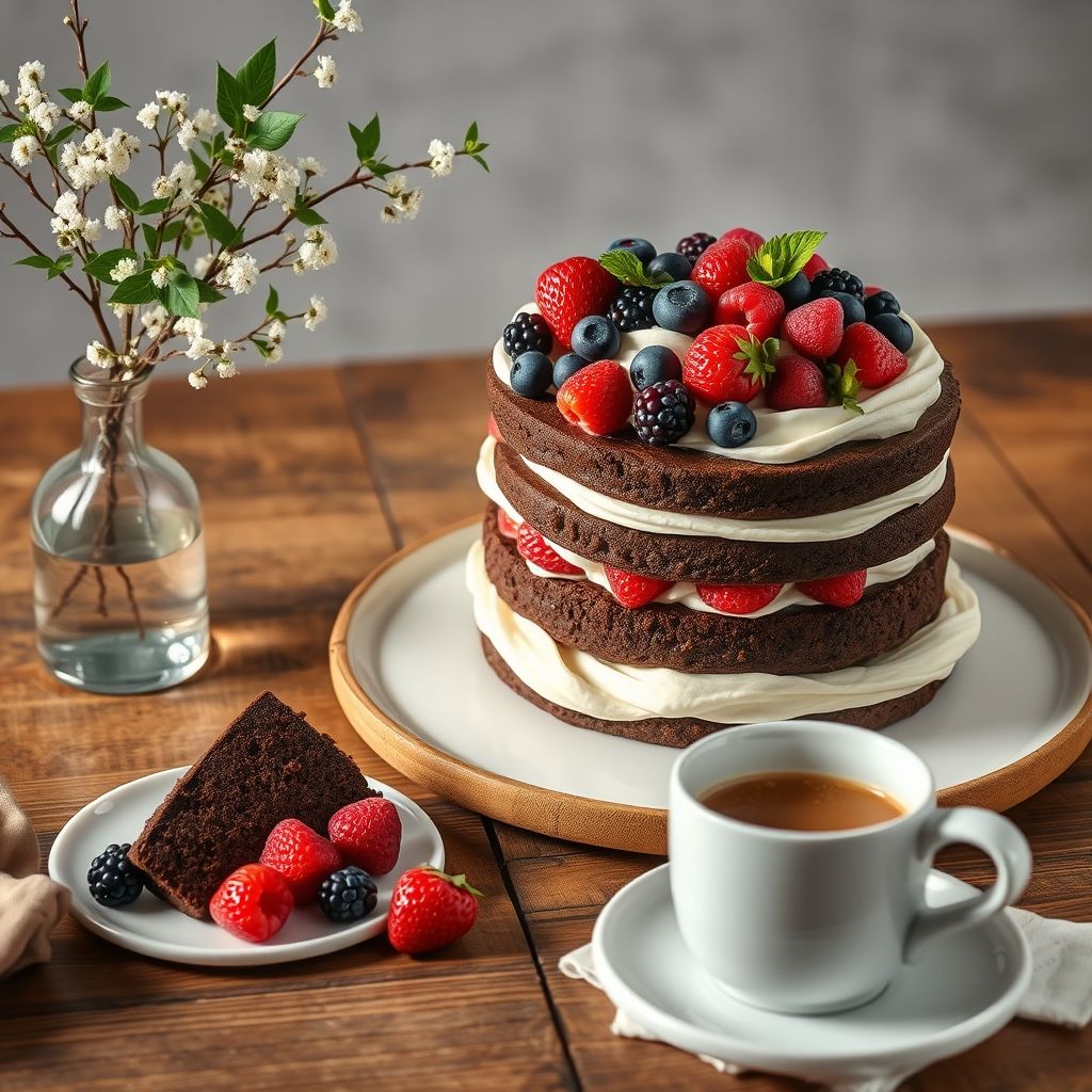Un gâteau au chocolat décadent à trois couches, richement nappé de crème onctueuse, décoré avec un assortiment vibrant de baies fraîches : fraises, myrtilles, framboises et mures, apportant des touches de couleur vives sur le marron intense du gâteau. Ce délice est présenté sur une assiette blanche simple, posée sur une table en bois rustique qui renforce l'ambiance chaleureuse et invitante. À gauche, un vase en verre délicat contient des branches ornées de petites fleurs blanches et de feuilles vertes, complétant l'atmosphère fête évoquée par le gâteau. Une tasse blanche, présumément remplie d'une boisson chaude, est posée à proximité, invitant à un moment convivial. La composition générale et la lumière douce créent une ambiance sereine et joyeuse, parfaite pour une réunion ou une occasion spéciale.