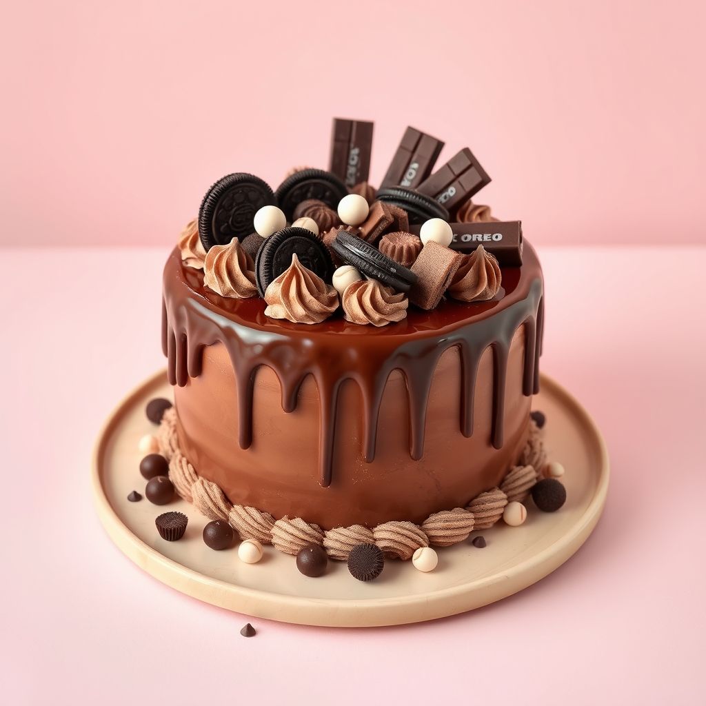 Un somptueux gâteau au chocolat trône sur une assiette beige clair, sa ganache chocolat semi-sucrée débordant sur les côtés avec un effet brillant. Sur le dessus, un assortiment indulgent d'éléments chocolatés incluant biscuits Oreo, barres de chocolat et gaufrettes finement décorées, faisant de ce gâteau un spectacle visuel de contrastes marron foncé et blanc crémeux. Le fond pastel rose complète l’élégance du dessert, valorisant son allure raffinée. Des petites pâtes de chocolat et confiseries rondes jonchent la base, renforçant l'impression de célébration et de délice à chaque détail.