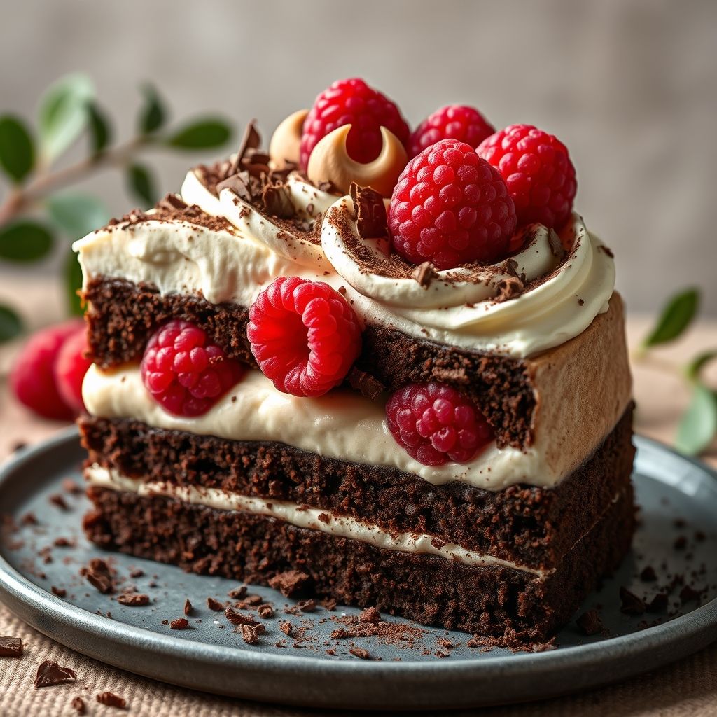 Des couches décadentes de gâteau au chocolat et mousse s'animent dans cette tranche délicieuse, surmontée d'un tourbillon généreux de crème fouettée et de framboises fraîches. La base riche en cacao foncé contraste magnifiquement avec les textures légères et aérées au-dessus, tandis que les framboises rouges vives ajoutent une touche d'acidité et de couleur. Une poussière scintillante de copeaux de chocolat complète l'ensemble, invitant à la gourmandise. Le cadre présente une couverture douce et texturée aux tons sourds, avec des touches de végétal en arrière-plan flou, renforçant l'ambiance cosy et accueillante. La composition générale rayonne de chaleur, faisant de ce dessert un plaisir parfait pour toute occasion sucrée.