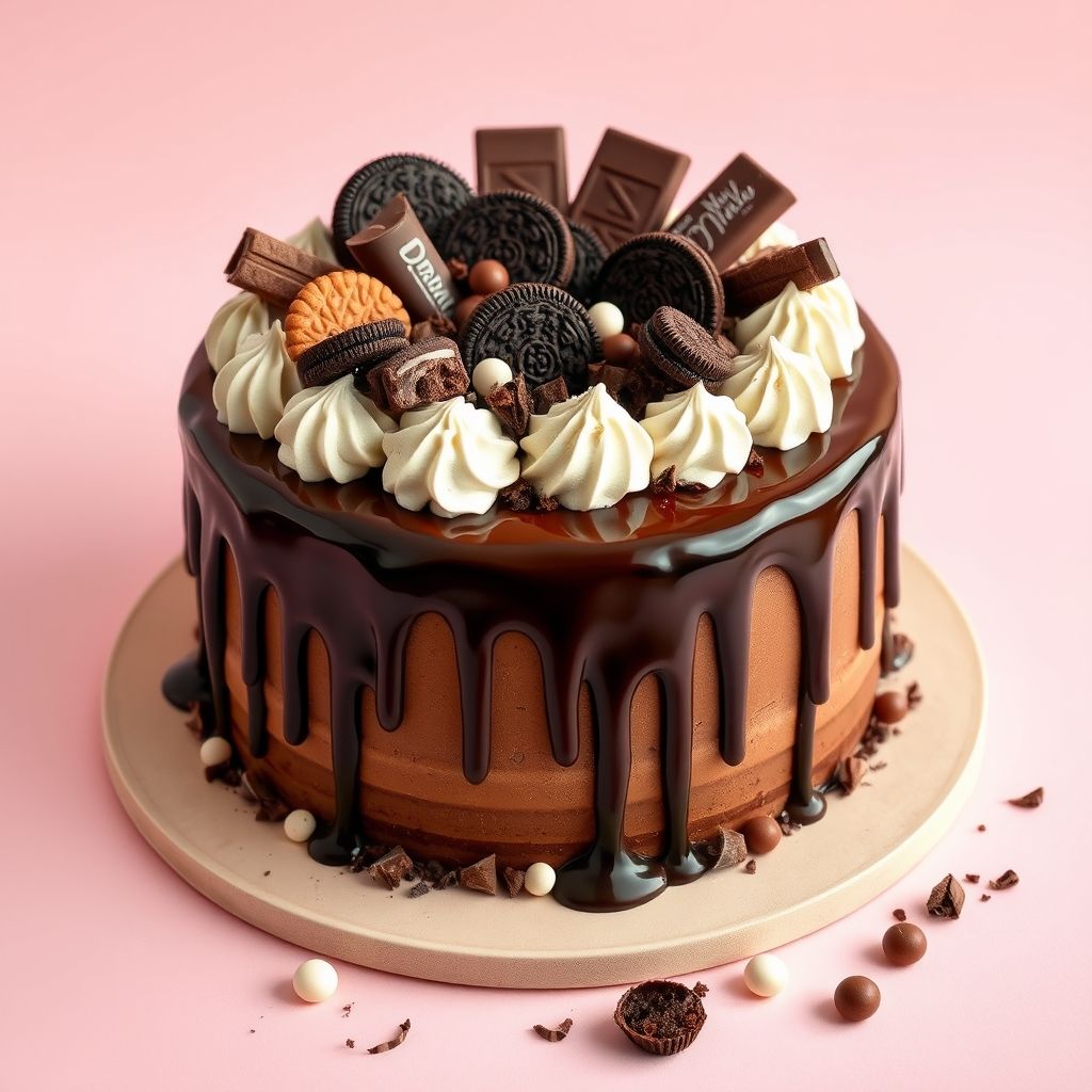 Un somptueux gâteau au chocolat trône sur une assiette beige clair, sa ganache chocolat semi-sucrée débordant sur les côtés avec un effet brillant. Sur le dessus, un assortiment indulgent d'éléments chocolatés incluant biscuits Oreo, barres de chocolat et gaufrettes finement décorées, faisant de ce gâteau un spectacle visuel de contrastes marron foncé et blanc crémeux. Le fond pastel rose complète l’élégance du dessert, valorisant son allure raffinée. Des petites pâtes de chocolat et confiseries rondes jonchent la base, renforçant l'impression de célébration et de délice à chaque détail.